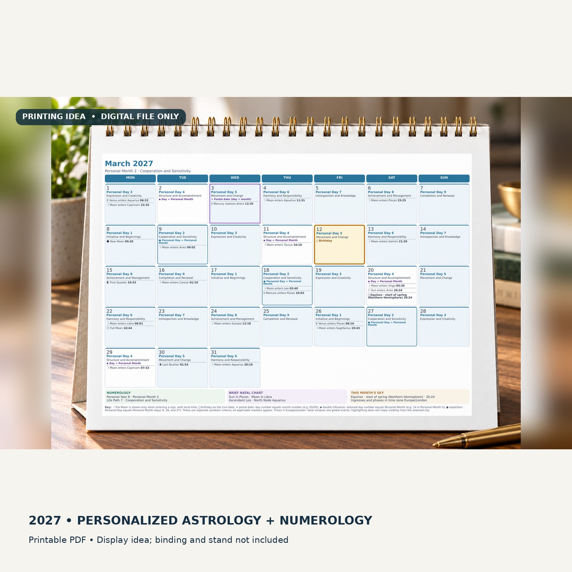 Sugestão de impressão do calendário personalizado em espiral